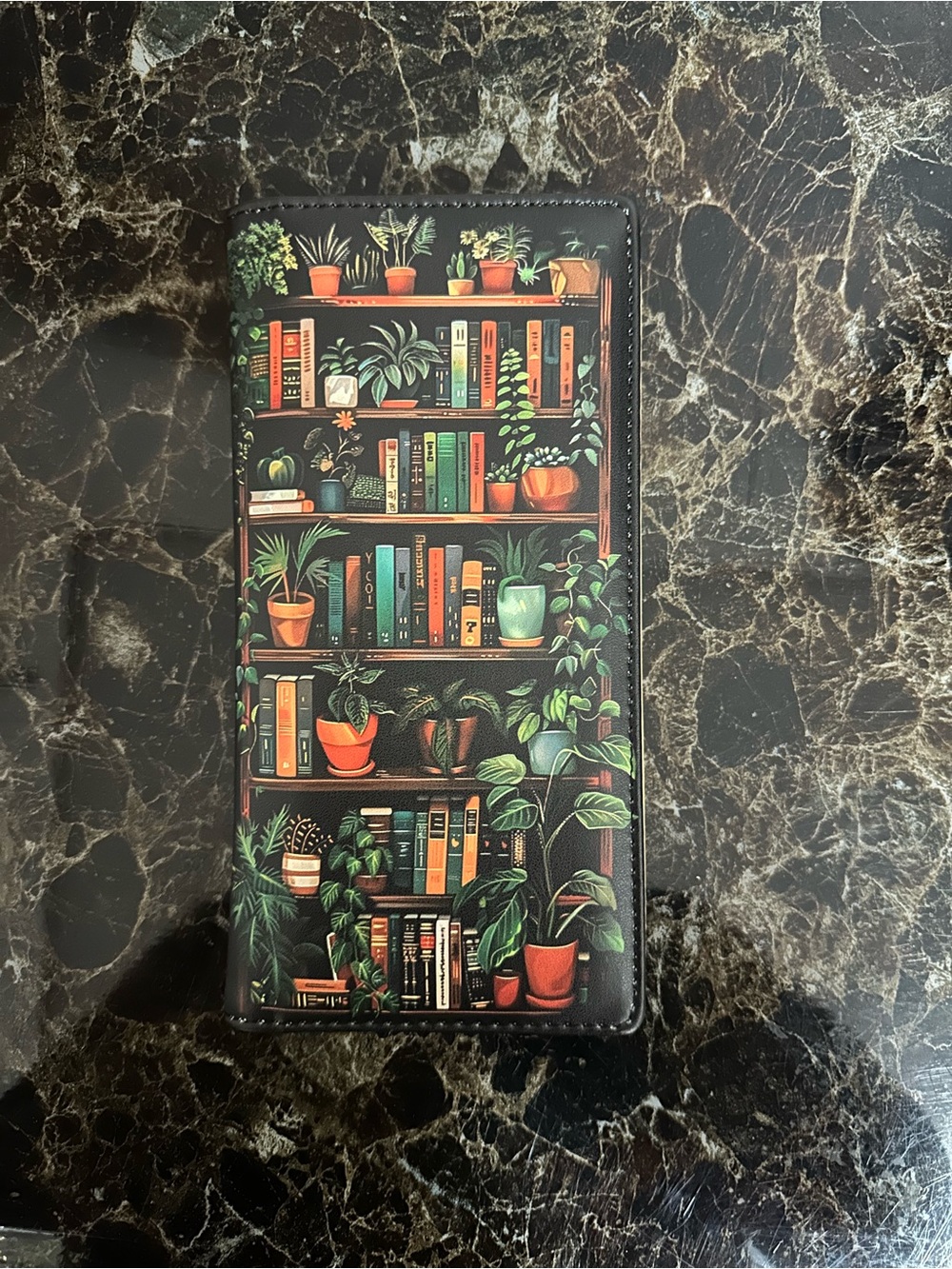 Botanical Bookshelf Leatherette Desk Organizer Wallet - Black/Green